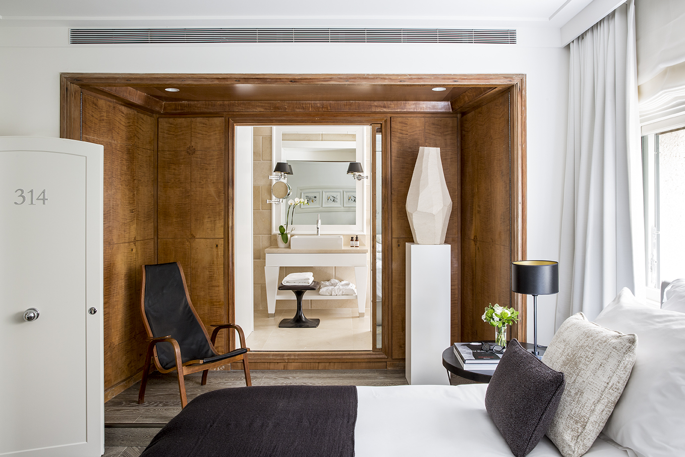 Wood-paneled guest room